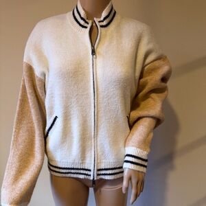 Central Park West White and Tan Varsity Sweater Jacket Size M Brand New with Tag